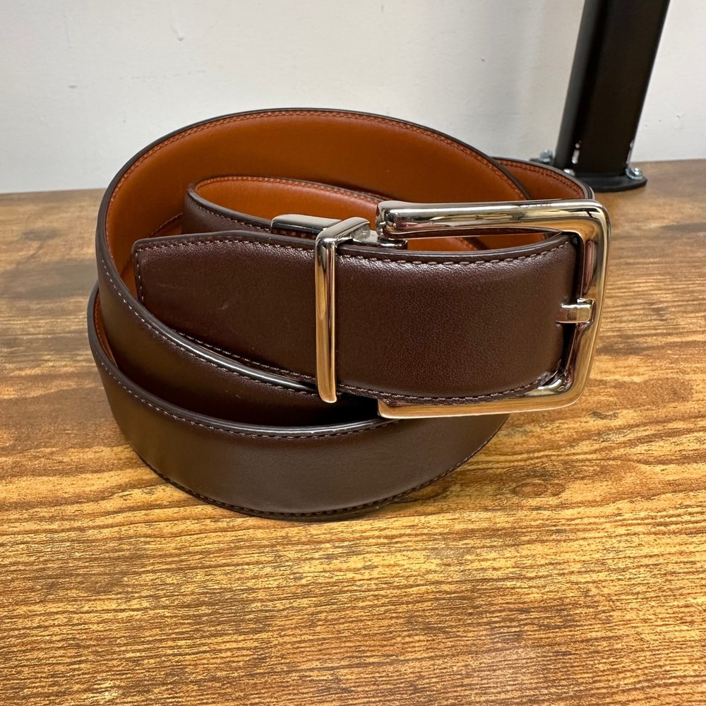 Cole Haan Mens Reversible Leather Belt Brown Tan Silver Buckle Size 42 A55352